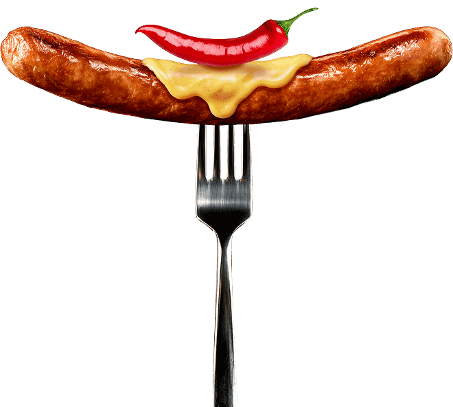 Chili Cheese Wurst auf Gabel